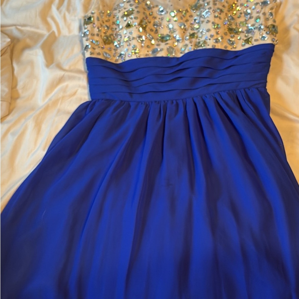 Girls Royal Blue Chiffon Dress with Embellished Cream Bodice
